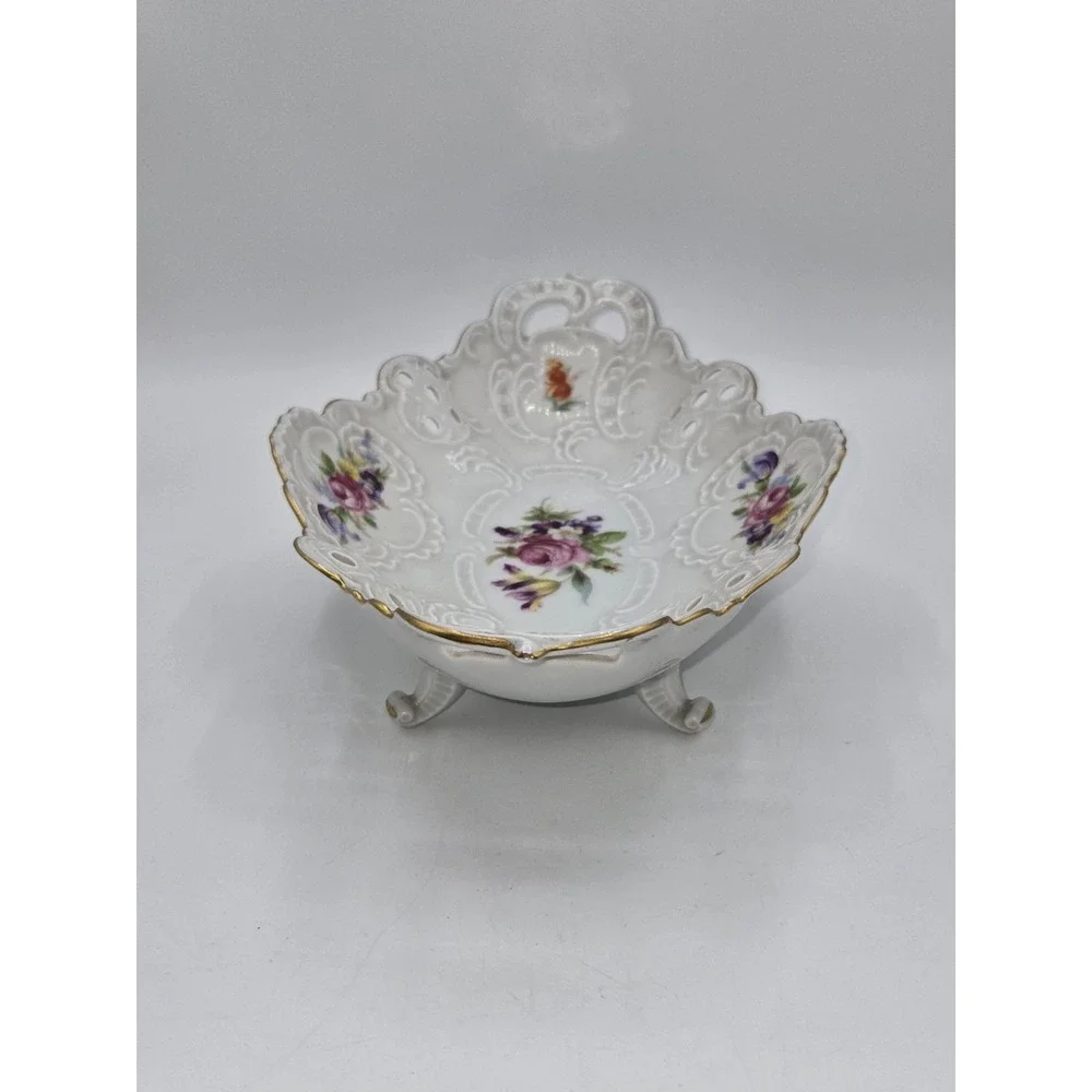 Dresden Porcelain Reticulated Floral Centerpiece Bowl Footed White Gold Western